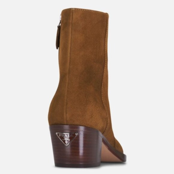 NEW PRADA Brown Suede Leather Western Boots Booties Side Zip Logo Heel 38.5 - Picture 1 of 9